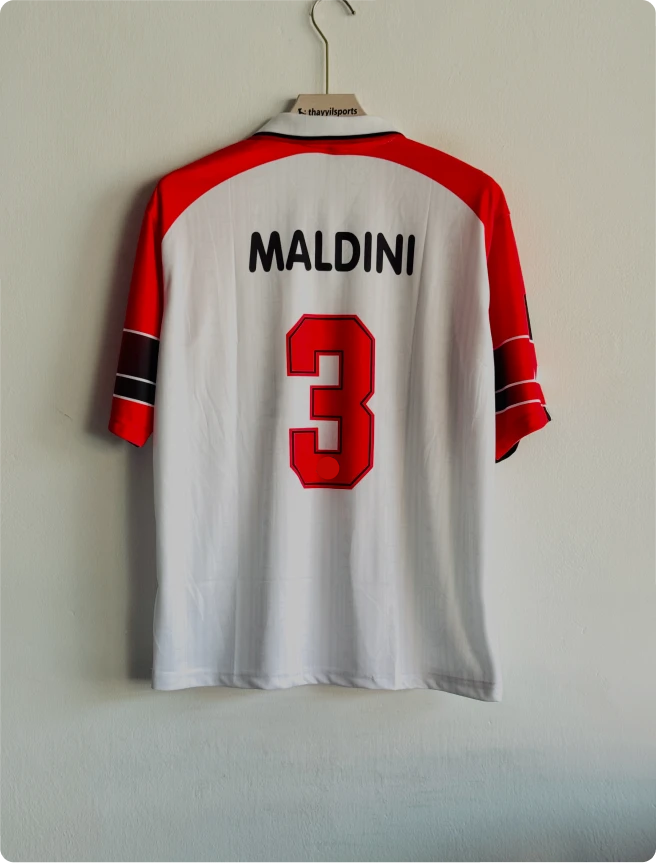 ACMILAN 1997-98 HOME KIT MALDINI FIVESLEEVE POLO