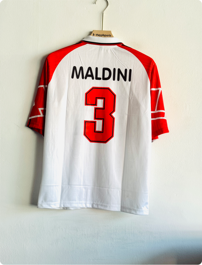 ACMILAN 1997-98 AWAY KIT MALDINI FIVESLEEVE POLO EMBROIDERY PREMIUM