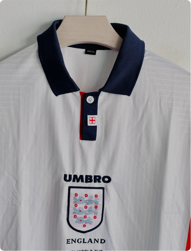 ENGLAND 1998 HOME KIT BECKHAM FIVESLEEVE POLO EMBROIDERY PREMIUM